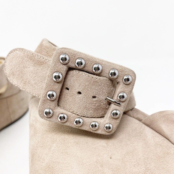 Sergio Rossi Elettra Tan Suede Studded Buckle Wedge Sandals Sz 38 (8) - Picture 6 of 9